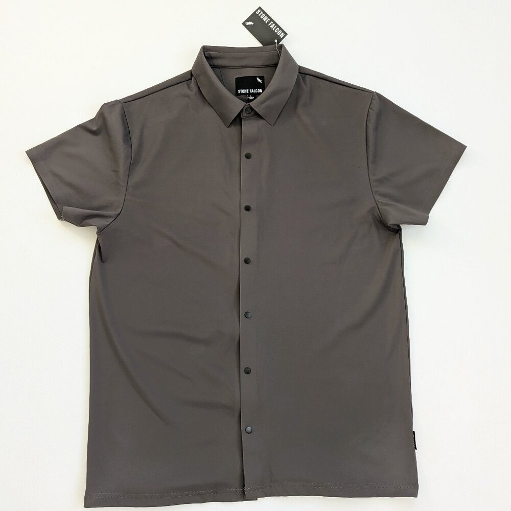 NWT Stone Falcon Men's Short Sleeve Snap Button Down Shirt Gunmetal Size L